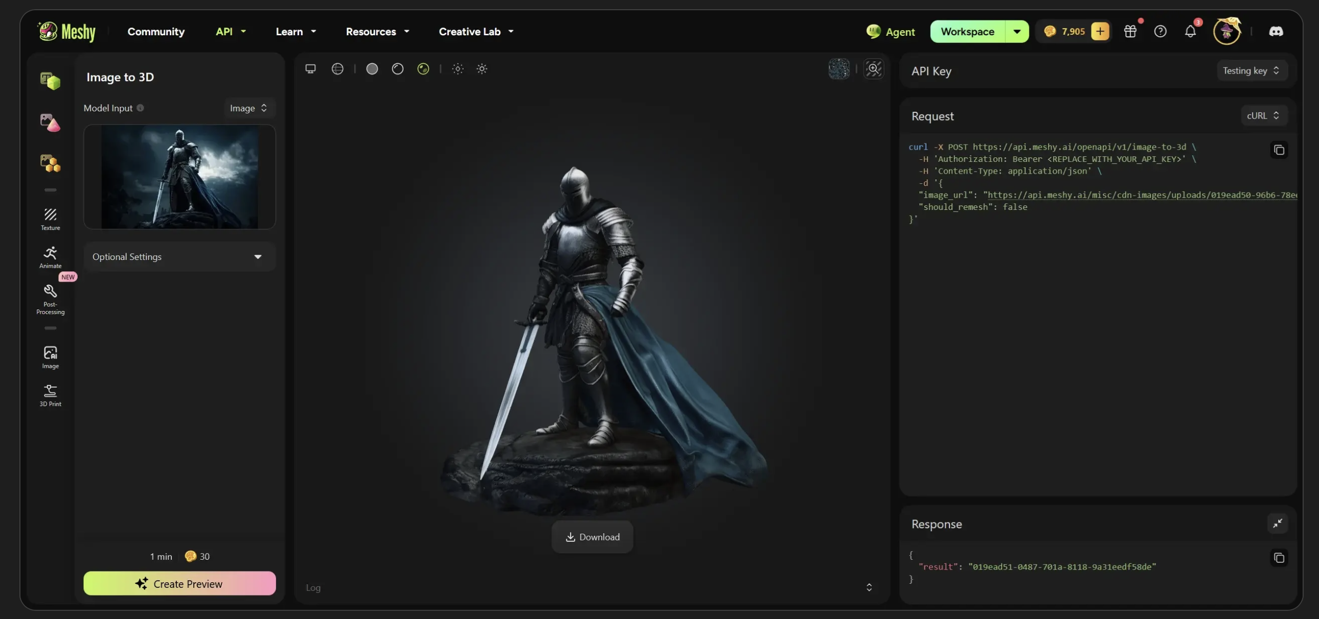 Meshy API Playground interface showing an image-to-3D request with a live model preview and the equivalent cURL request and response
